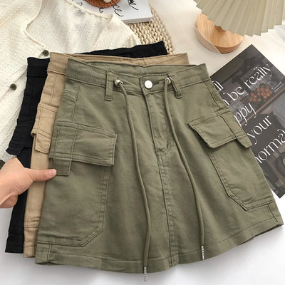 高腰抽绳系带防走光牛仔短裙