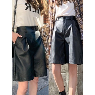 PU皮裤 阔腿五分裤秋冬大码靴裤胖MM松紧腰中裤加肥短裤遮胯200斤