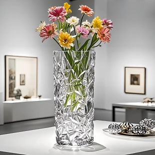 轻奢大号玻璃花瓶插花高级感摆件客厅透明直筒水培富贵竹专用花器