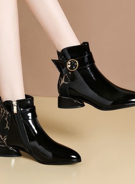 黑色漆皮裸靴秋冬皮鞋真皮小短靴女士马丁靴中跟女鞋低跟亮皮靴子