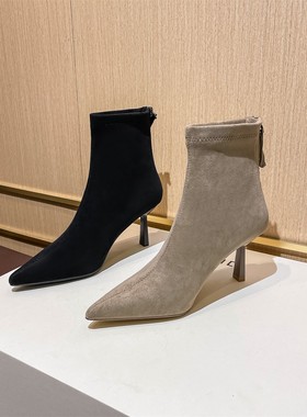 2025秋冬新款黑色高跟短靴女瘦瘦靴细跟尖头加绒短筒小众设计单靴