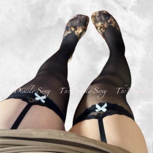 double 200斤女黑色蕾丝花边蝴蝶结吊带过膝黑丝袜 sexy大码