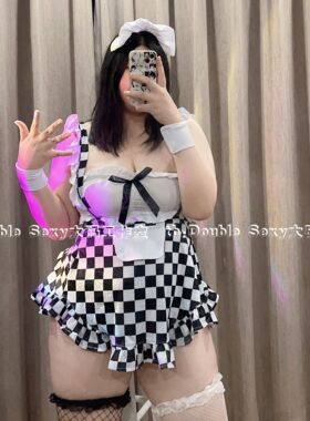 大码胖mm抹胸格子黑白女仆绑带200斤可穿吊带围裙性感短款睡裙