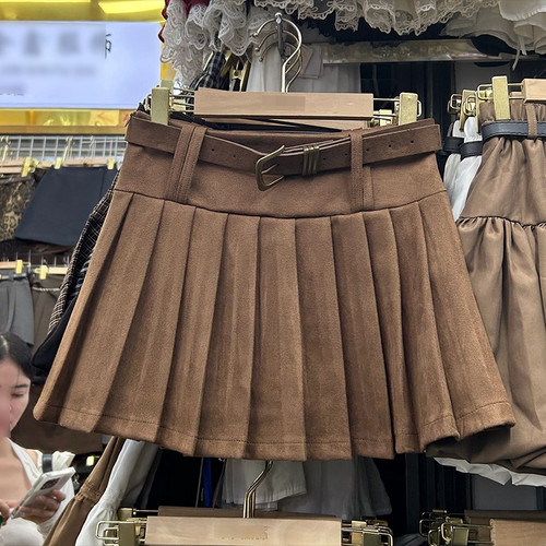 仿麂皮绒百褶裙2026秋冬新款美式高腰显瘦半身裙女棕咖色加厚短裙