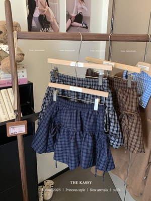 2025新款加厚磨毛秋冬藏蓝色格子花苞裙女蝴蝶结系带a字半身短裙