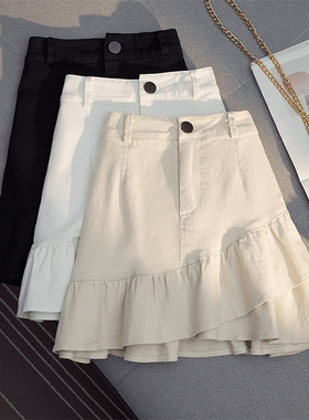 白色牛仔短裙女2025新款夏季A字小个子不规则荷叶边鱼尾半身裙裤