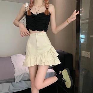 不规则牛仔短裙女新款夏季小个子鱼尾半身裙子黑白杏色荷叶边裙裤