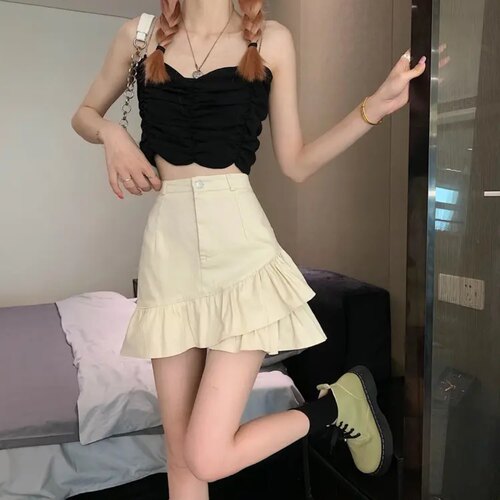 不规则牛仔短裙女新款夏季小个子鱼尾半身裙子黑白杏色荷叶边裙裤
