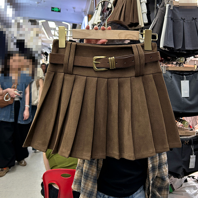 黑色加厚百褶裙2026新款秋冬高腰显瘦配腰带棕咖色半身裙女短裙子