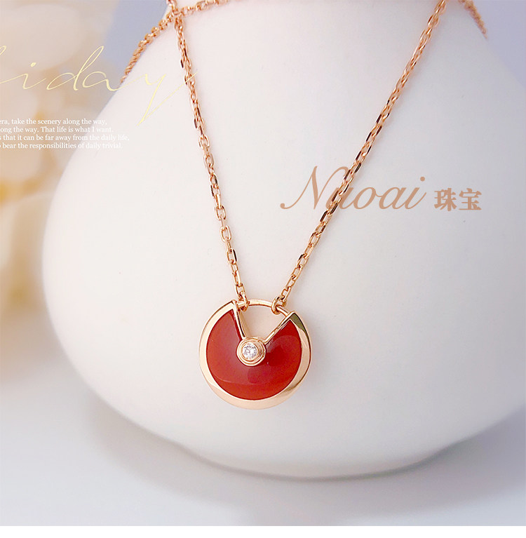 新款圆形18K红玛瑙白贝钻石AU750玫瑰金护身符项链吊坠耳钉套装