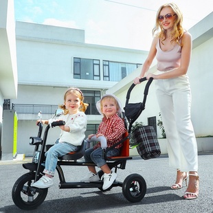 双人儿童三轮车脚踏车宝宝可带人手推车双胞胎坐大小孩玩具自行车