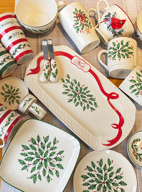 外贸出口Lenox假日冬叶青红浆果美国陶瓷餐具盘碗水杯碟