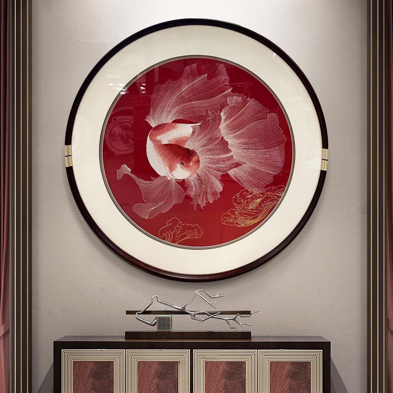 刺绣装饰画高档织锦绣玄关圆形壁画福鱼新马中式餐厅客厅床头挂画图片