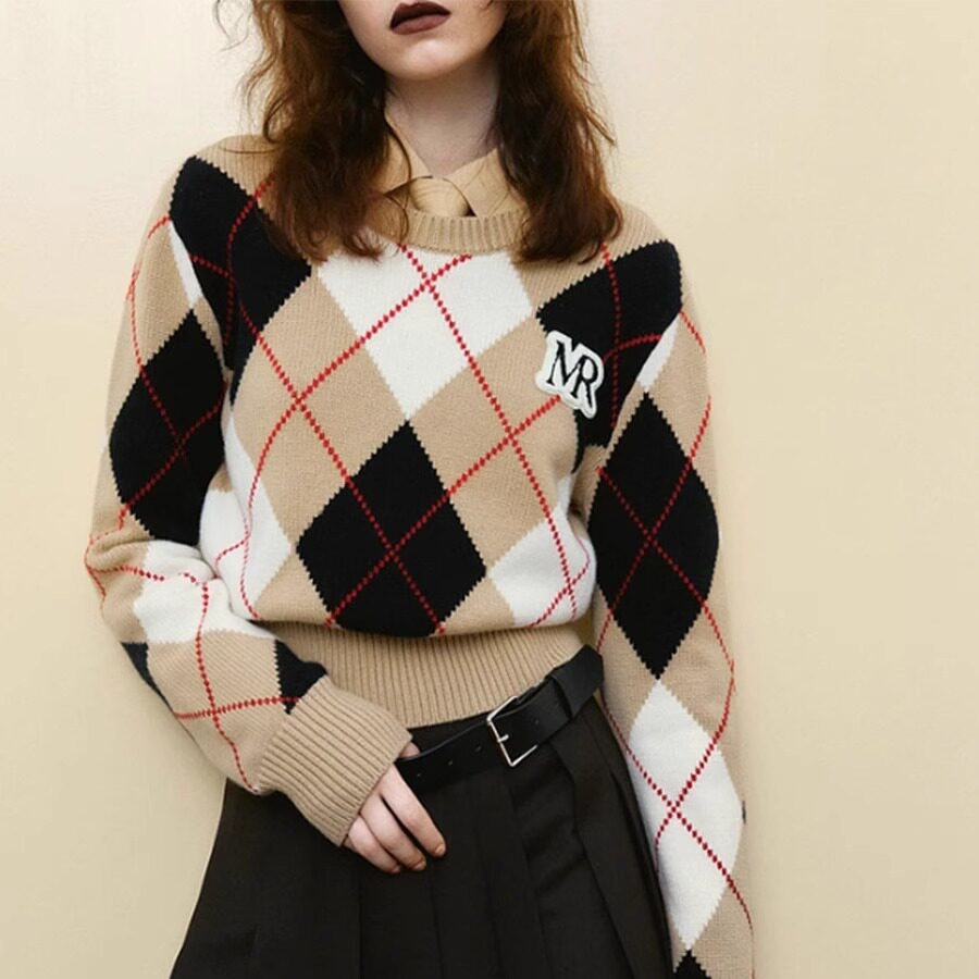 学院风撞色菱格羊绒针织衫女秋款