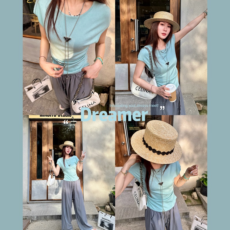 飞飞袖抽褶T恤短袖女夏修身上衣