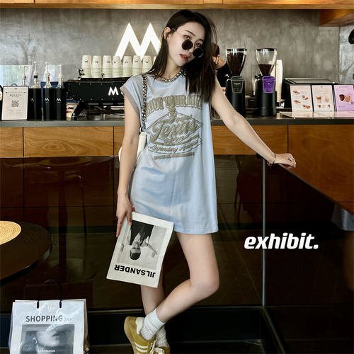 飞飞袖背心裙无袖中长款印花T恤