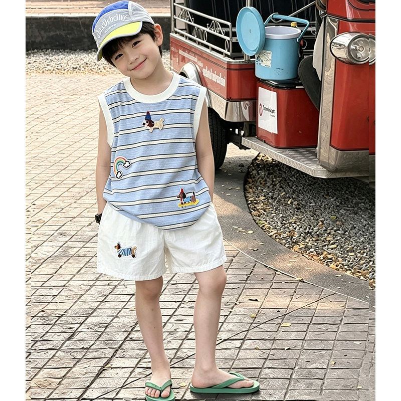 条纹背心短裤儿童套装夏季新款男童帅气夏装中小童纯棉卡通两件套