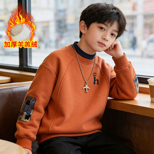 男童加绒卫衣冬装新款中大童加厚一体绒打底男孩洋气儿童保暖上衣