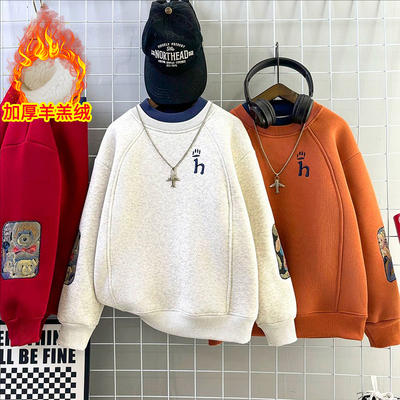 儿童加绒卫衣2025冬季新款中大童潮一体绒半高领打底男童加厚上衣