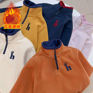 儿童卫衣加绒冬季新款中大儿童加厚半拉链立领打底男孩半高领上衣