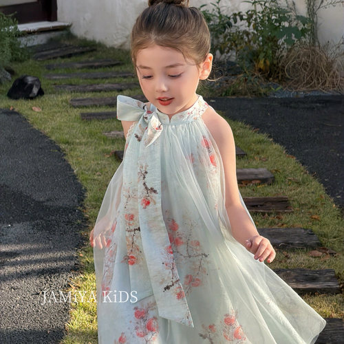 夏季新中式女童挂脖网纱公主裙