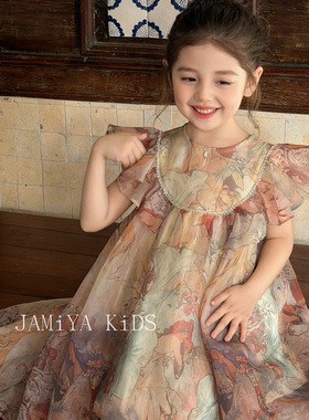 JA家女童油画风连衣裙夏季新款法式复古小飞袖公主裙