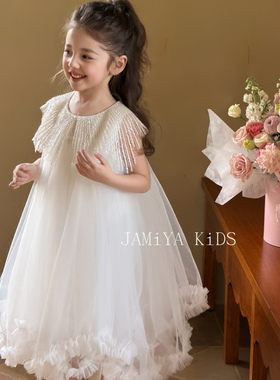 JA家2026新款女童白色公主裙高端生日礼服裙花童婚礼重工钉珠纱裙