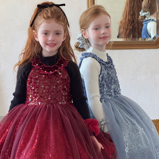 儿童礼服裙女童公主风演出裙姐妹装 网纱亮片裙 生日派对连衣裙新款