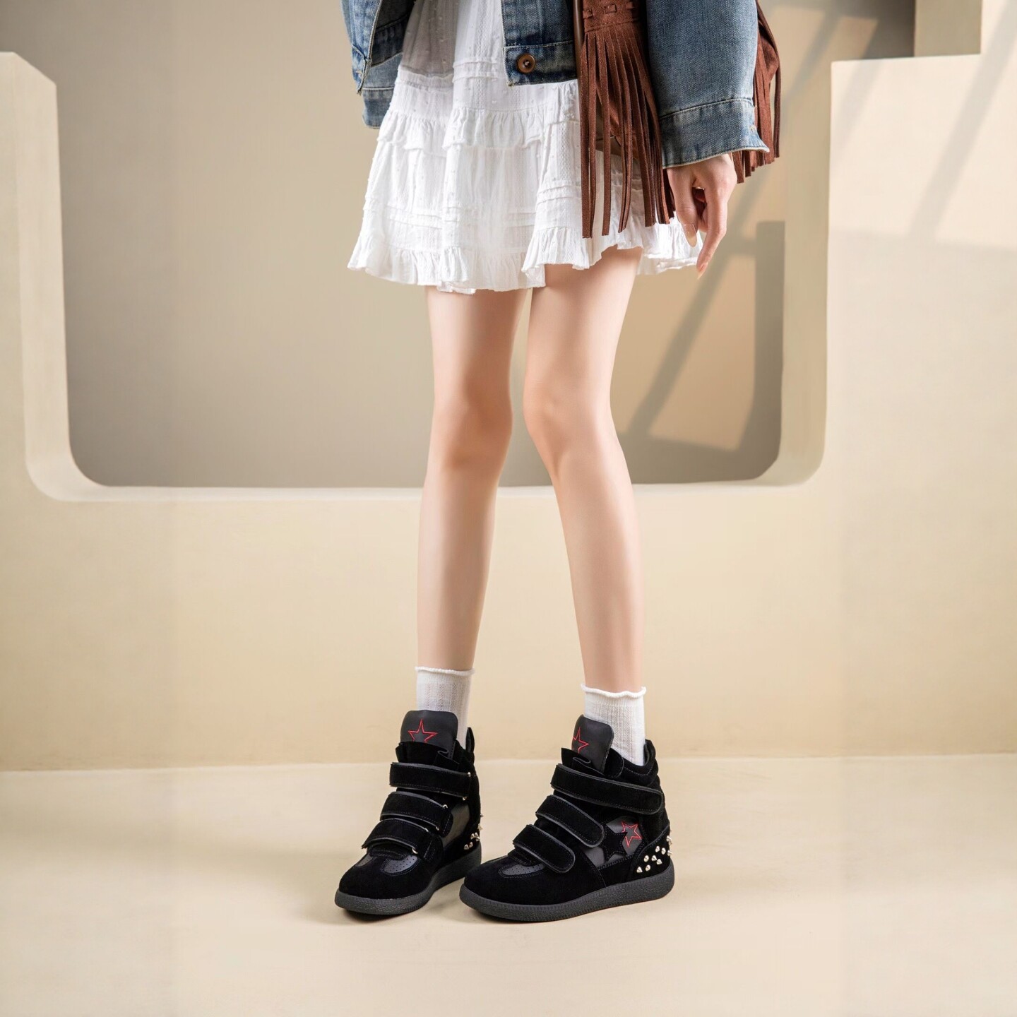 内增高真皮高帮德训鞋2026秋冬魔术贴时尚休闲鞋女