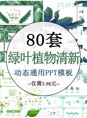 小清新动态PPT模板 绿色树叶工作汇报唯美手绘文艺答辩简约动态模