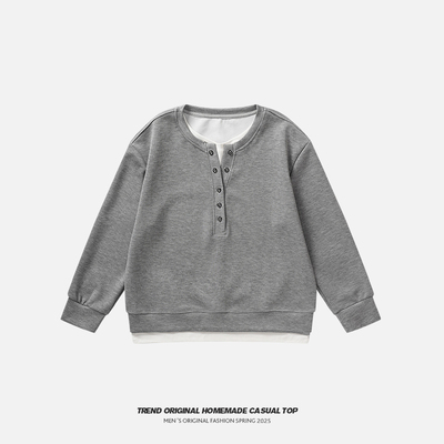 白糖玫瑰 雾灰排扣假两件设计卫衣女上衣长袖打底杉风衣内搭早秋