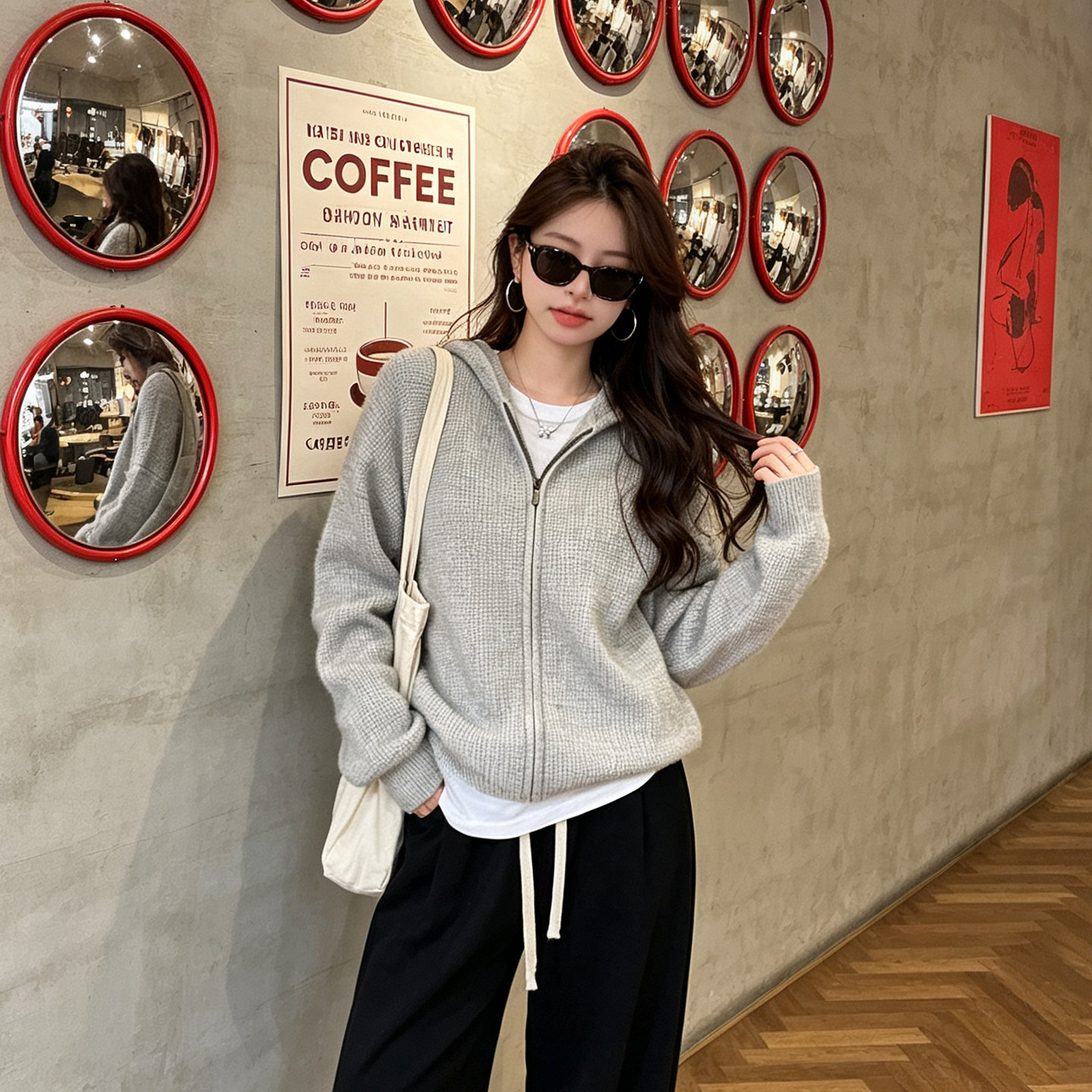 宝藏cang韩系慵懒风开衫毛衣女2026秋季新款华夫格连帽外套ins潮