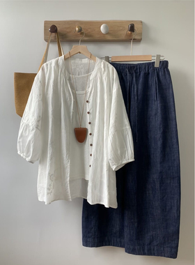 夏季宽松休闲一整套女简约通勤七分袖刺绣衬衫开衫加阔腿裤套装