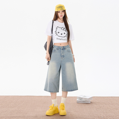 浅色直筒阔腿七分牛仔短裤女2026夏季新款高腰宽松显瘦复古中裤子