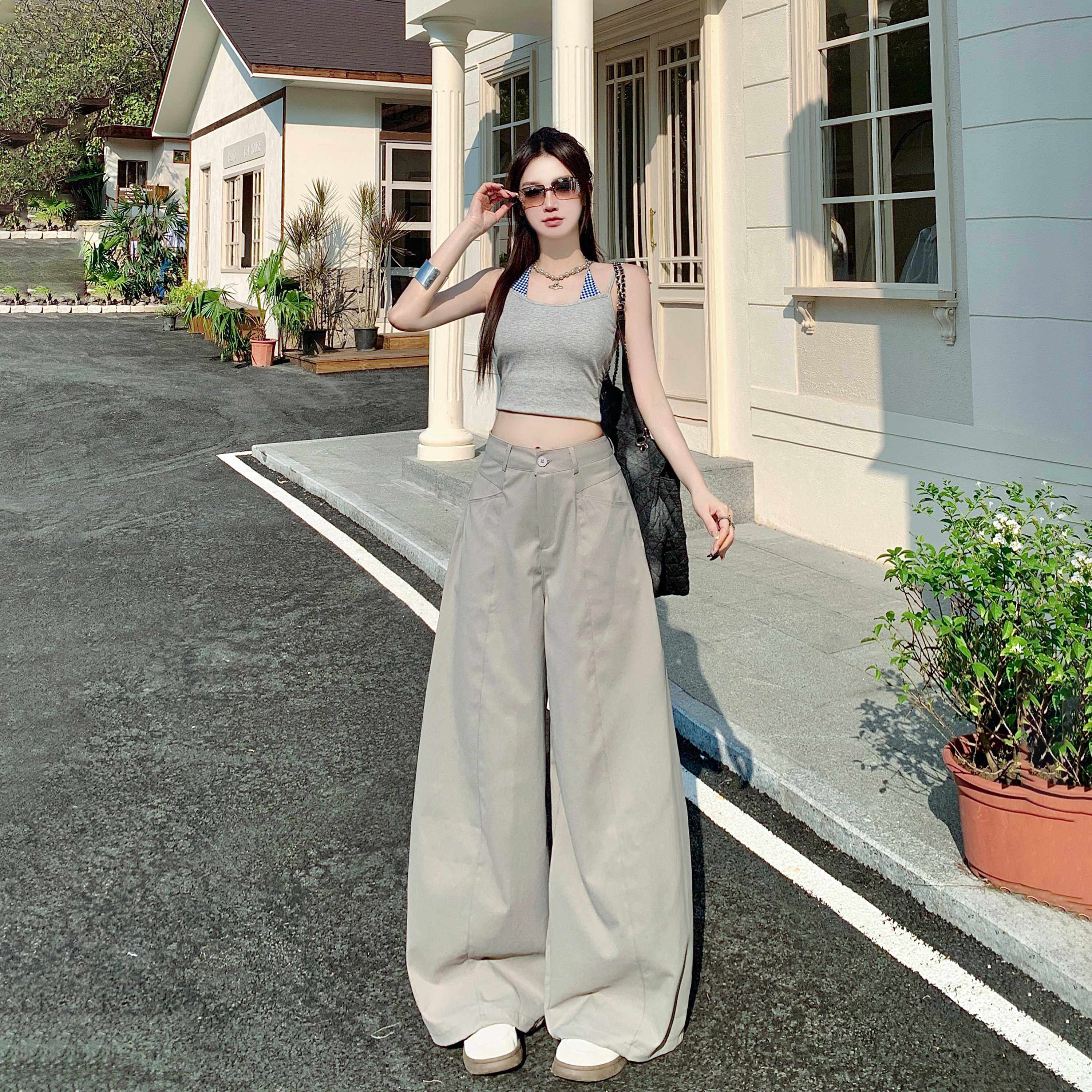 DJ&浅杏美式慵懒复古阔腿休闲裤女2026春夏新款弯刀高腰显瘦裤子