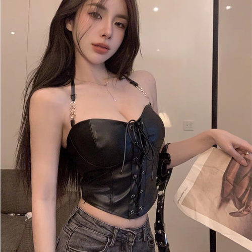 挂脖绑带pu皮吊带背心女夏