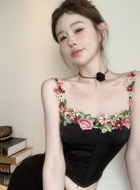 法式复古刺绣花朵吊带背心女夏季纯欲辣妹性感抹胸上衣外穿打底衫