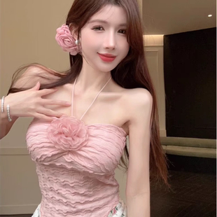 夏季 独特别致性感甜辣立体花朵挂脖吊带背心紧身外穿不规则女上衣