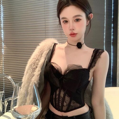 网纱蝴蝶结蕾丝吊带背心女春夏纯欲风性感上衣修身短款内搭打底衫