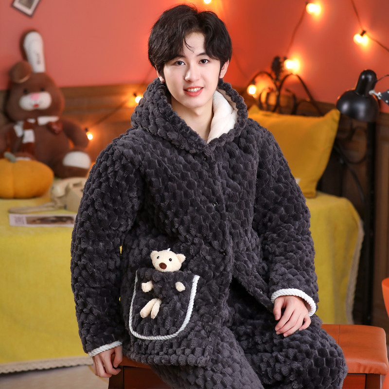 青少年睡衣男童冬季加厚珊瑚绒三层夹棉男孩秋冬保暖初中生家居服