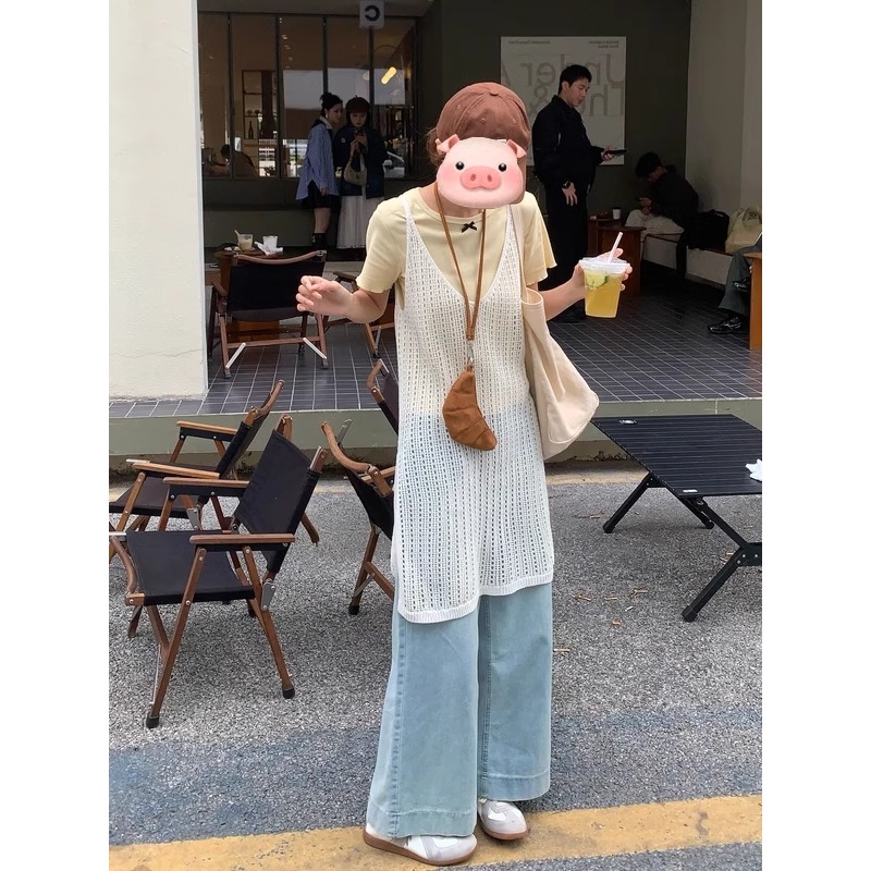 镂空针织背心宽松开叉无袖上衣