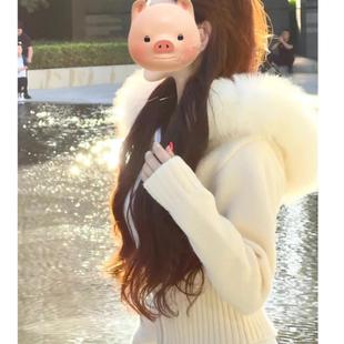慵懒风白色连帽毛领双拉链毛衣外套女秋冬季 上衣 外穿短款 针织开衫