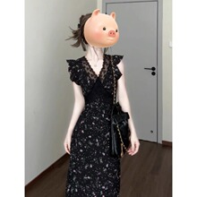 法式气质黑色蕾丝碎花连衣裙子女装夏季2025新款绝美漂亮掐腰长裙