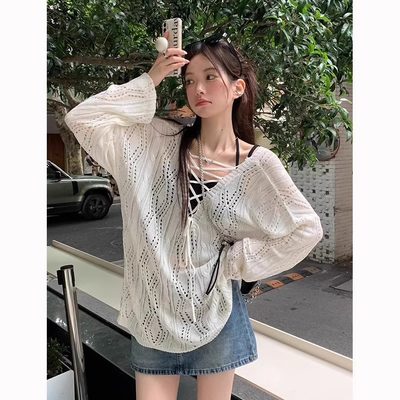 镂空抽绳绑带v领针织罩衫上衣