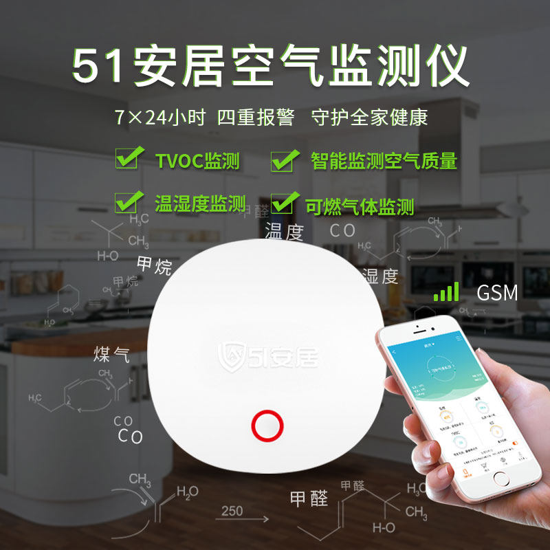 【51安居空气检测仪】甲醛室内家用专业温度一氧化碳天燃气报警器