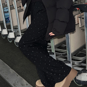 冬上新 胖mm显瘦亮钻加绒阔腿休闲长裤 200斤加大码 女装 _562