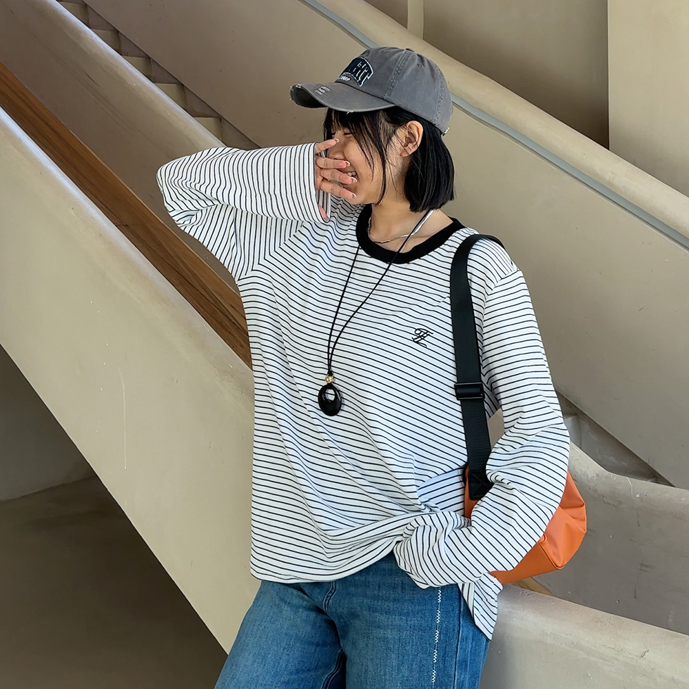 胖mm显瘦宽松条纹长袖上衣T恤