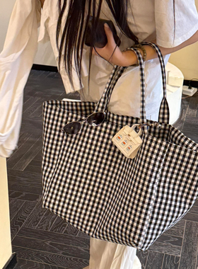 韩系慵懒风格子帆布托特包女大容量手提通勤包学生时尚百搭单肩包