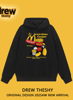 Drew美式潮牌连帽黑色卫衣加绒秋冬季外套宽松印花男女情侣款帽衫