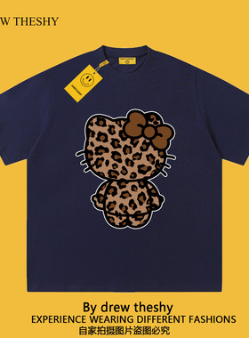 DREW THESHY美式潮牌新款短袖t恤豹纹HelloKitty宽松男女情侣上衣